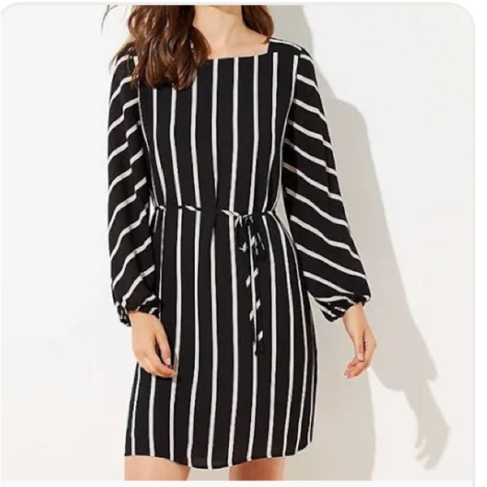 The Loft black dress, cream/white stripes and matching string belt. Size Medium.